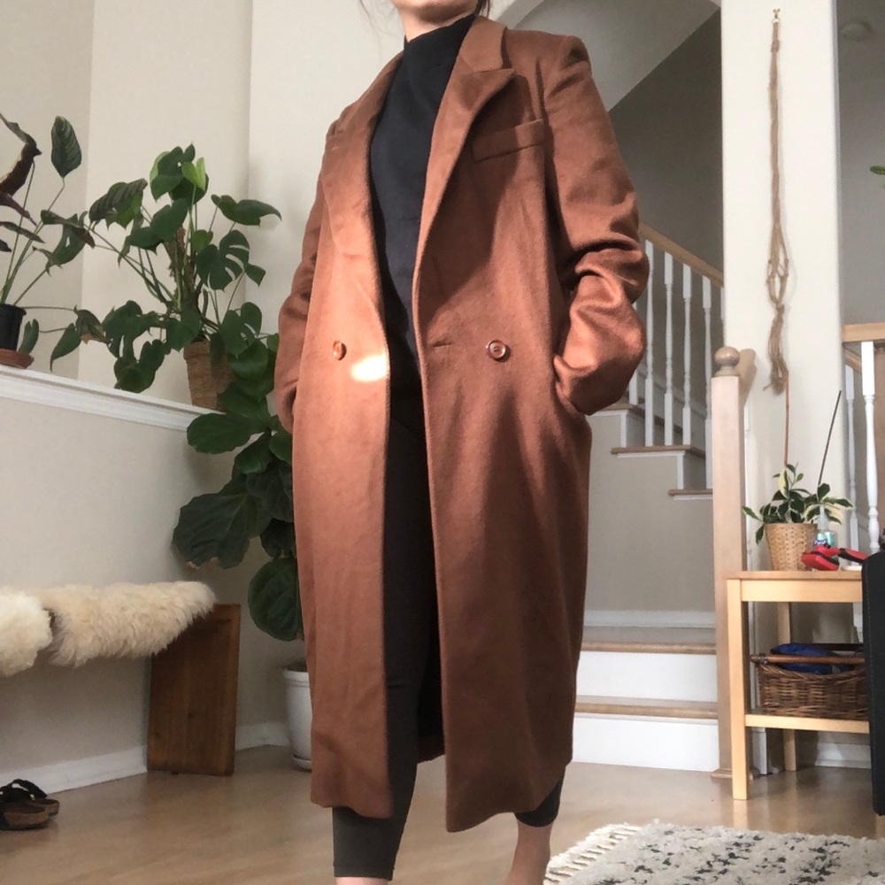 Brown camel lapel collar Wool coat oversized S